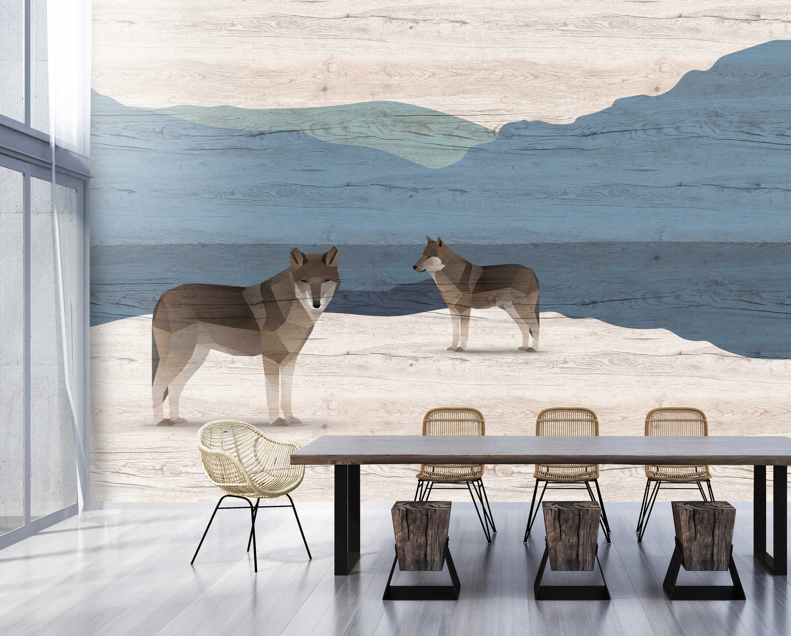             Yukon 1 - Fotomural Montañas y perros con textura de madera
        