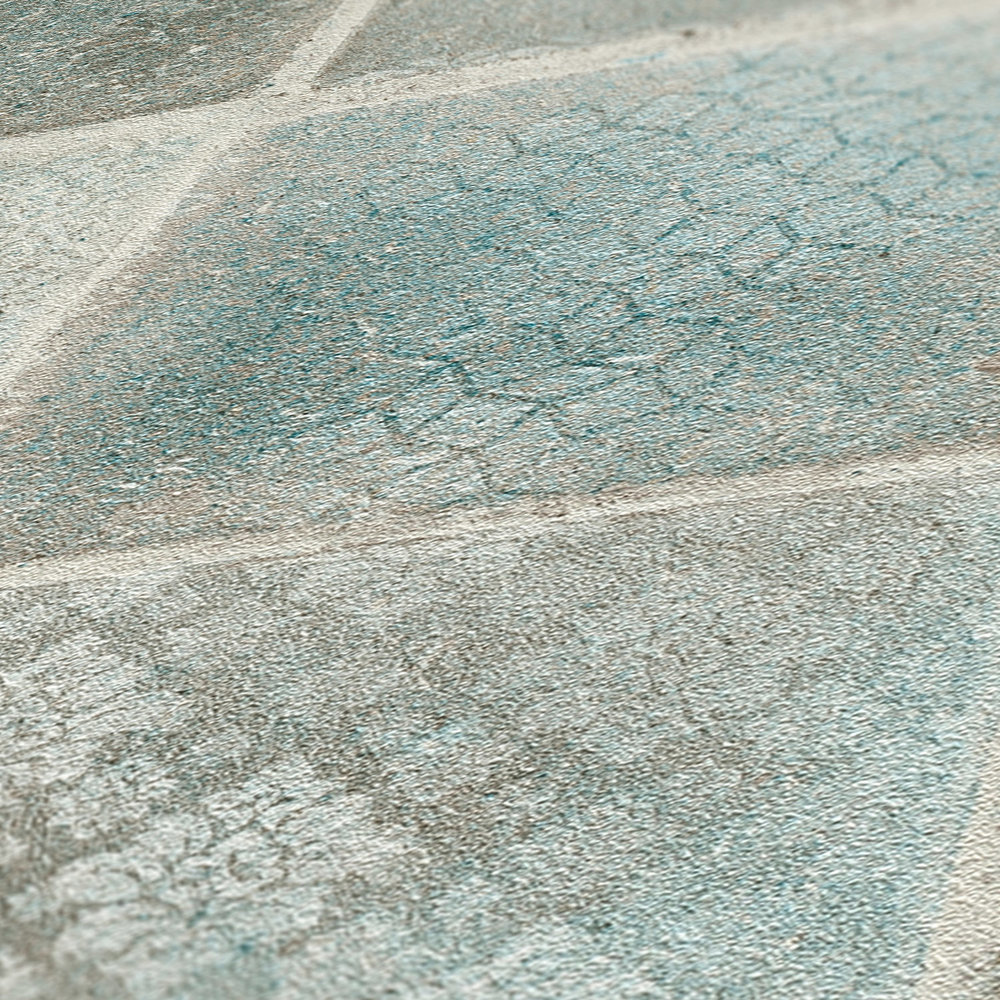             Papel pintado con aspecto de mosaico y azulejos - azul, verde, crema
        