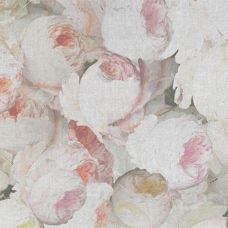 Papel Pintado Rosas con Flores y Lino Óptico - Rosa, Blanco
