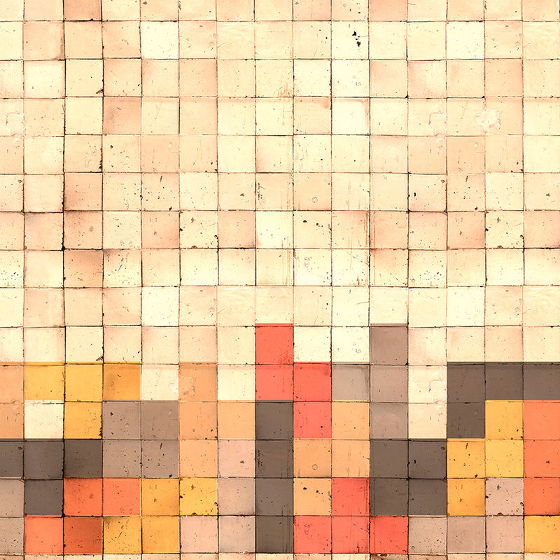 Muurschildering Tetris stijl, 3D beton, kubus mozaïek - Geel, Oranje, Rood
