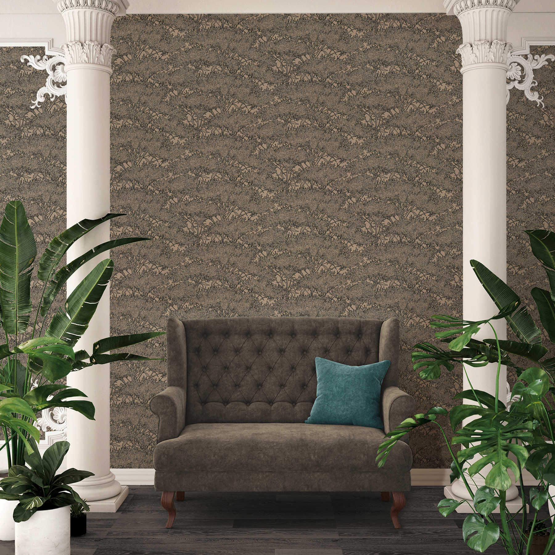             Floral wallpaper in beige with black contours - brown, grey, beige
        