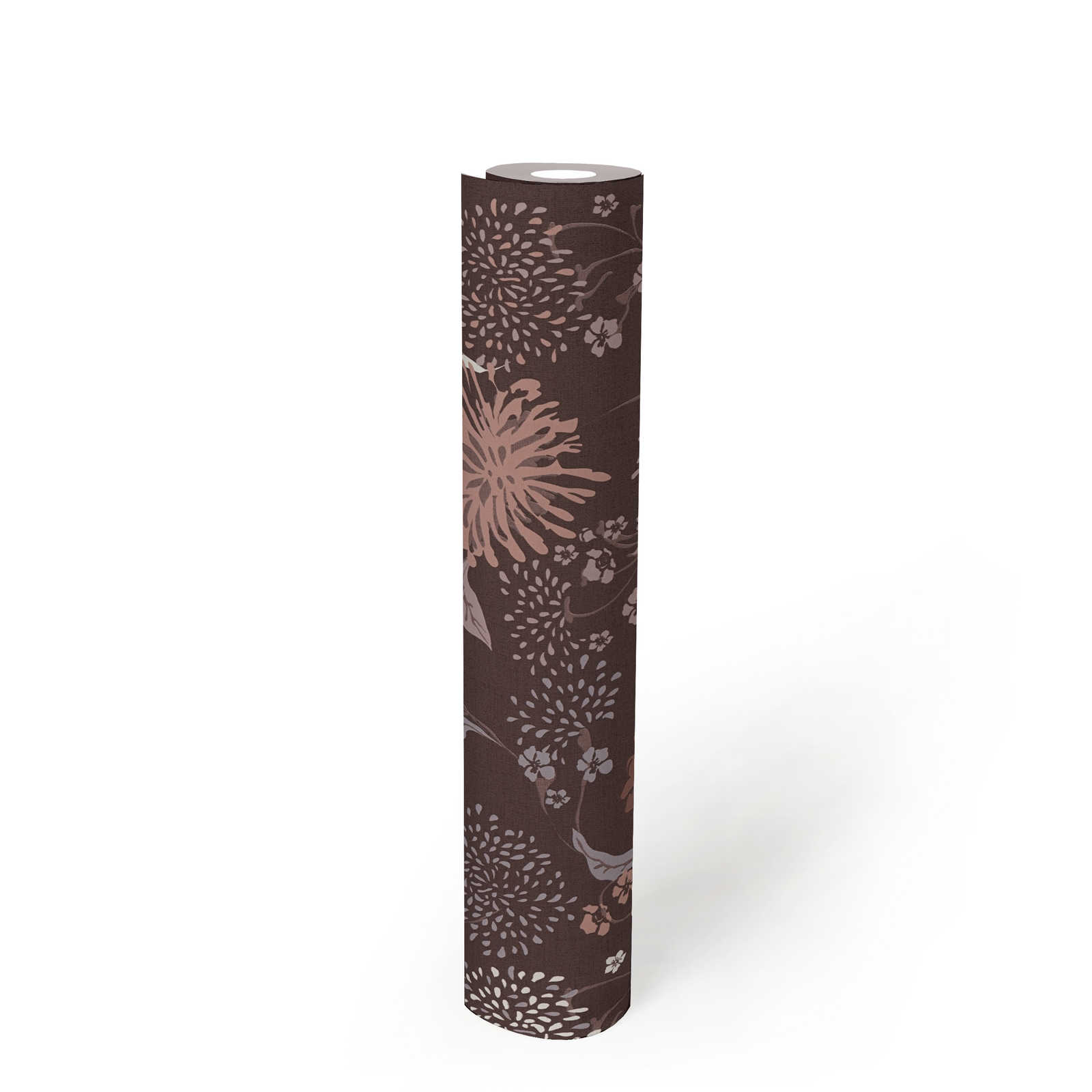             Floral wallpaper with playful pattern & linen look - wine red, grey, white
        