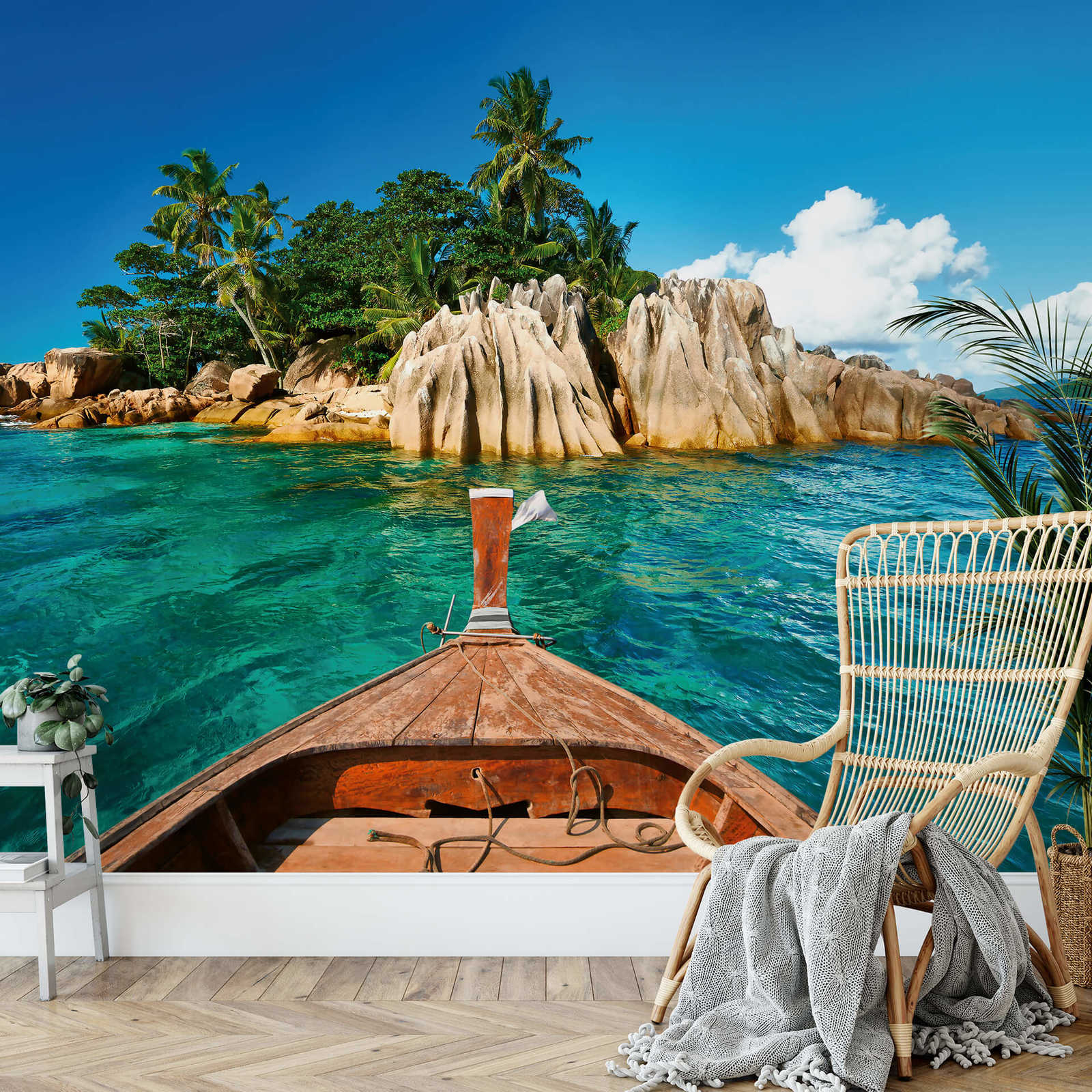             Papel Pintado Isla de Seychelles en el Mar - Azul, Marrón, Verde
        