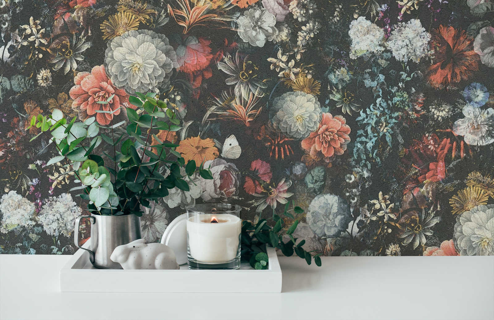            Flowers wallpaper vintage design with roses - colourful, grey, orange
        