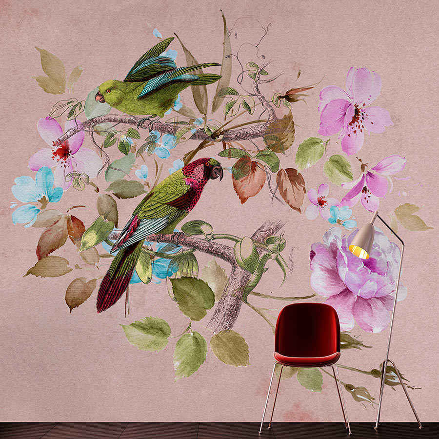 Nido de amor 2 - Papel pintado vintage Flores rosas de acuarela y pájaros de colores
