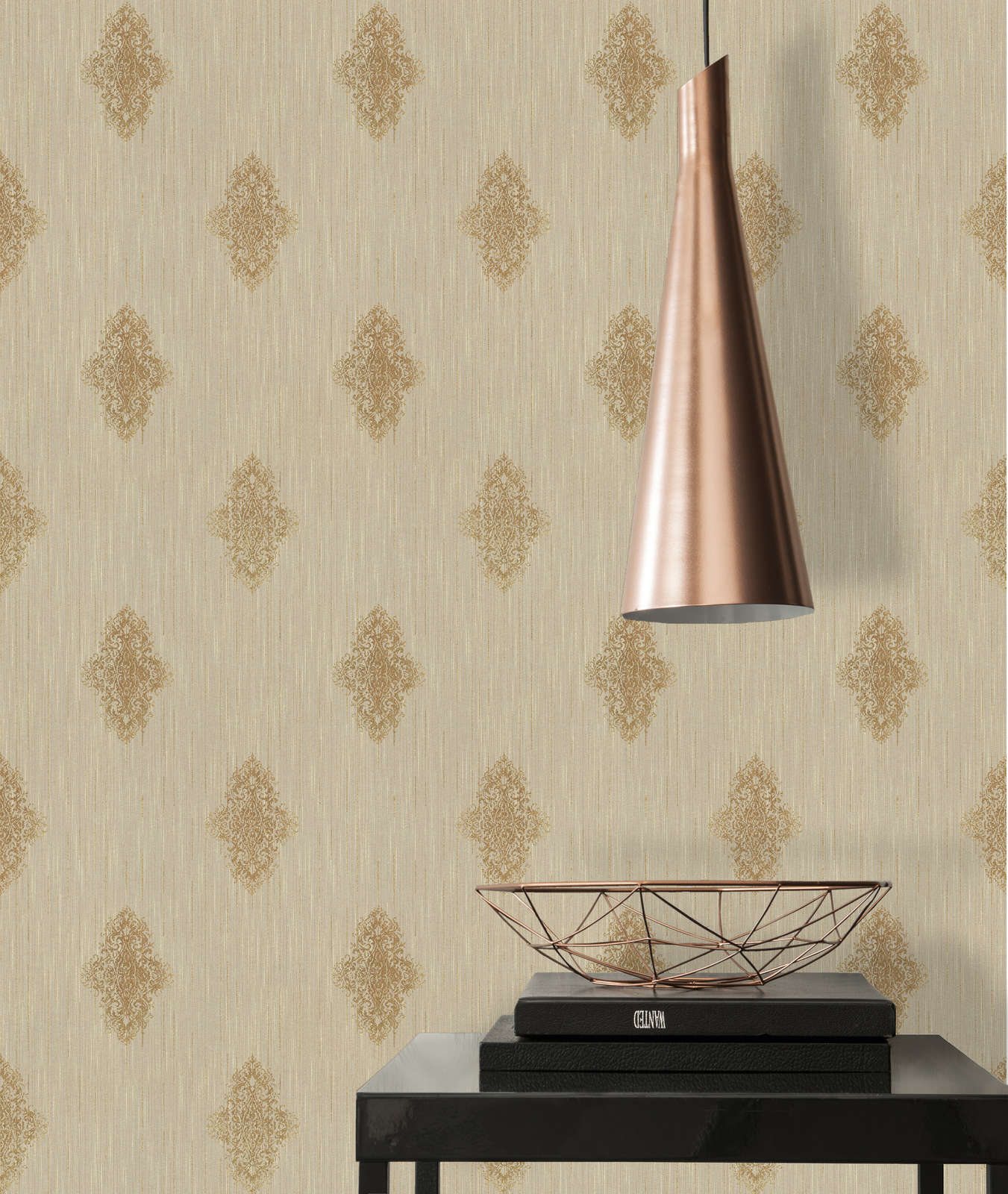             Wallpaper ornament design in used look, metallic effect - beige, bronze
        
