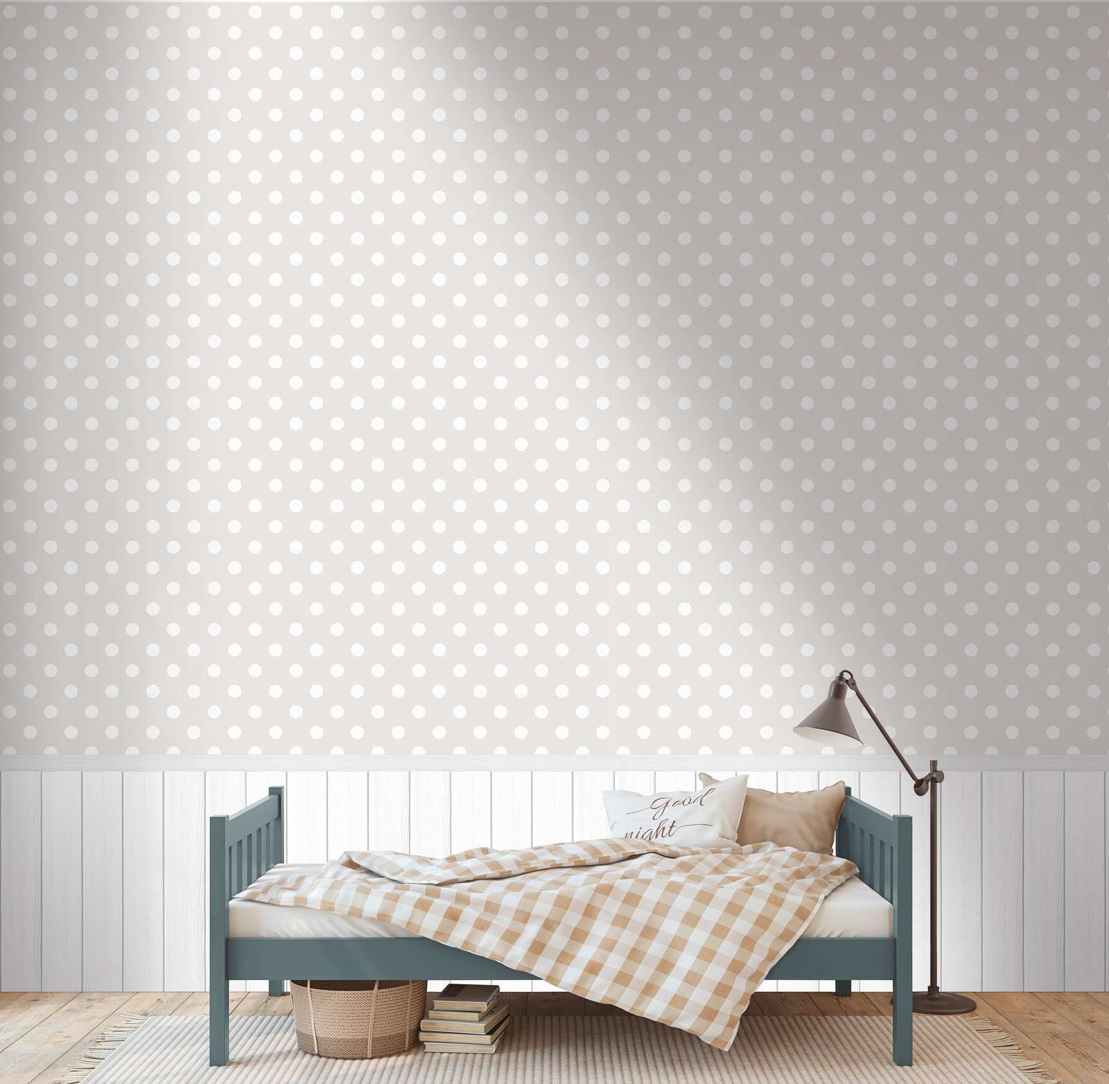             Non-woven motif wallpaper with wood-effect plinth border and dot pattern - white, grey
        
