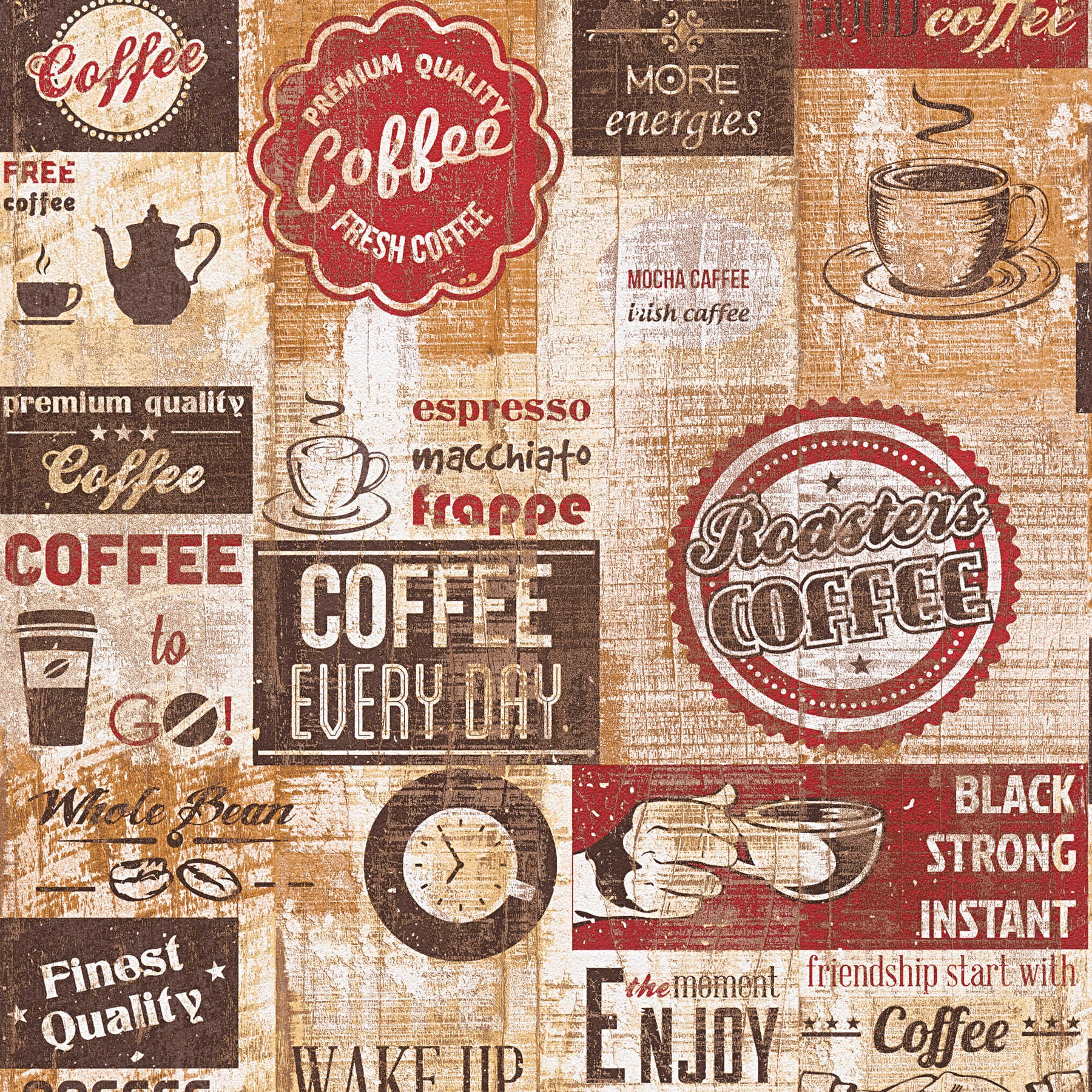         Koffie Patroon Behang, Amerikaanse Diner Stijl - Bruin, Rood
    
