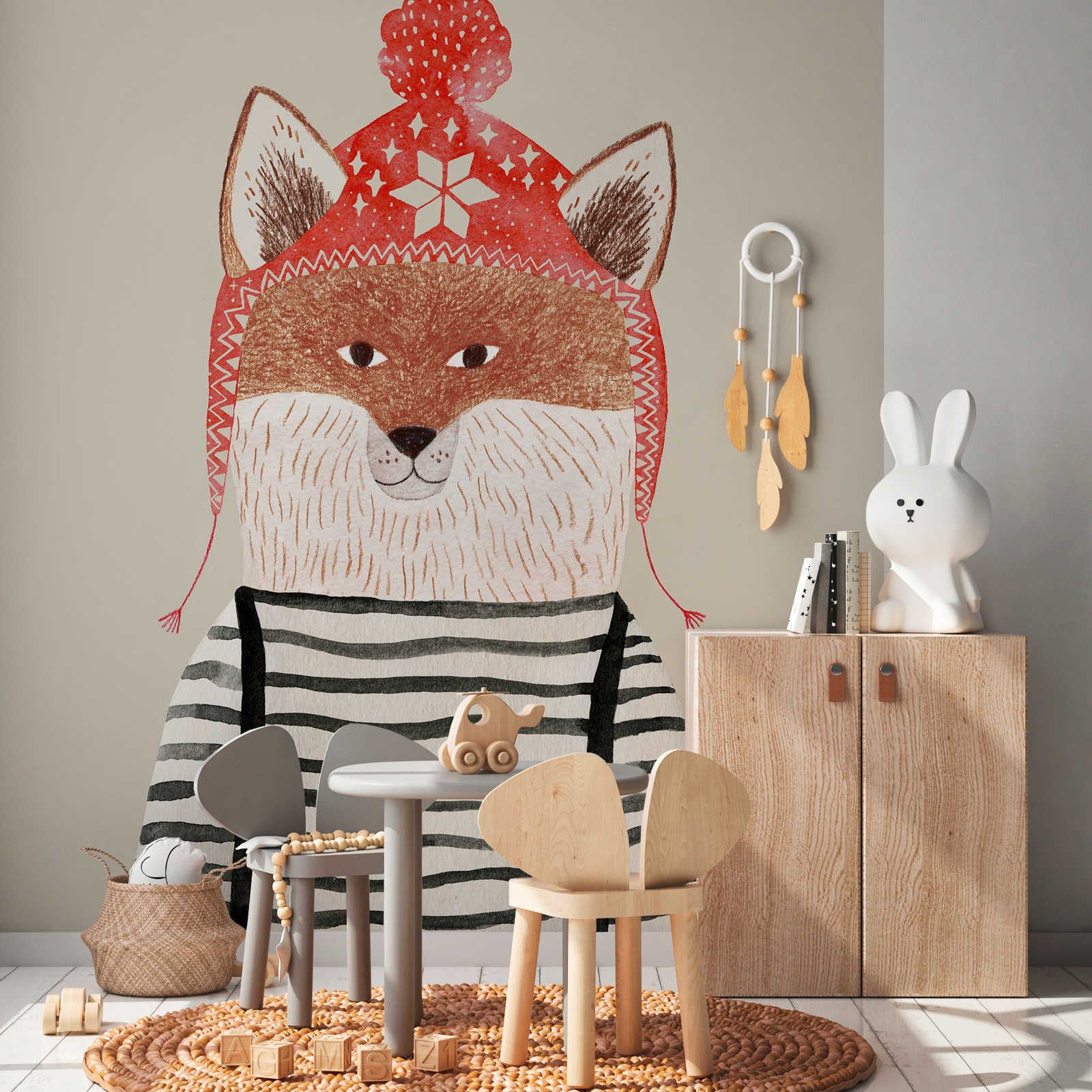 Fox with pom-pom hat mural - textured non-woven
