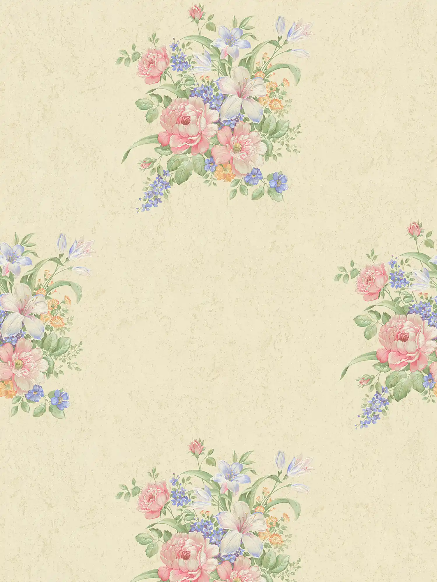 Non-woven wallpaper floral ornaments & textured pattern - cream, green, pink
