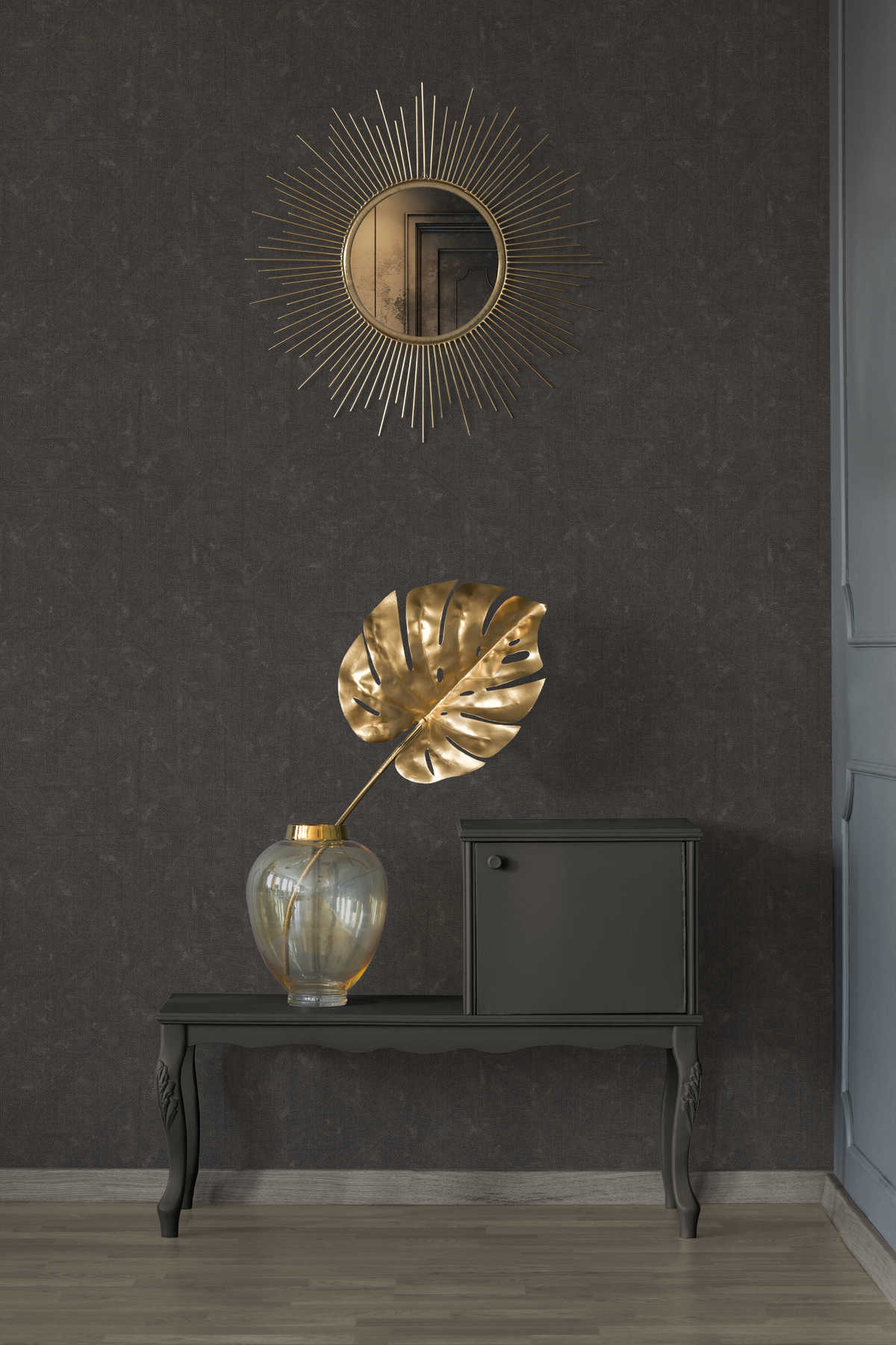             Donkerbruin vliesbehang met subtiel patroon - bruin, zwart, brons
        