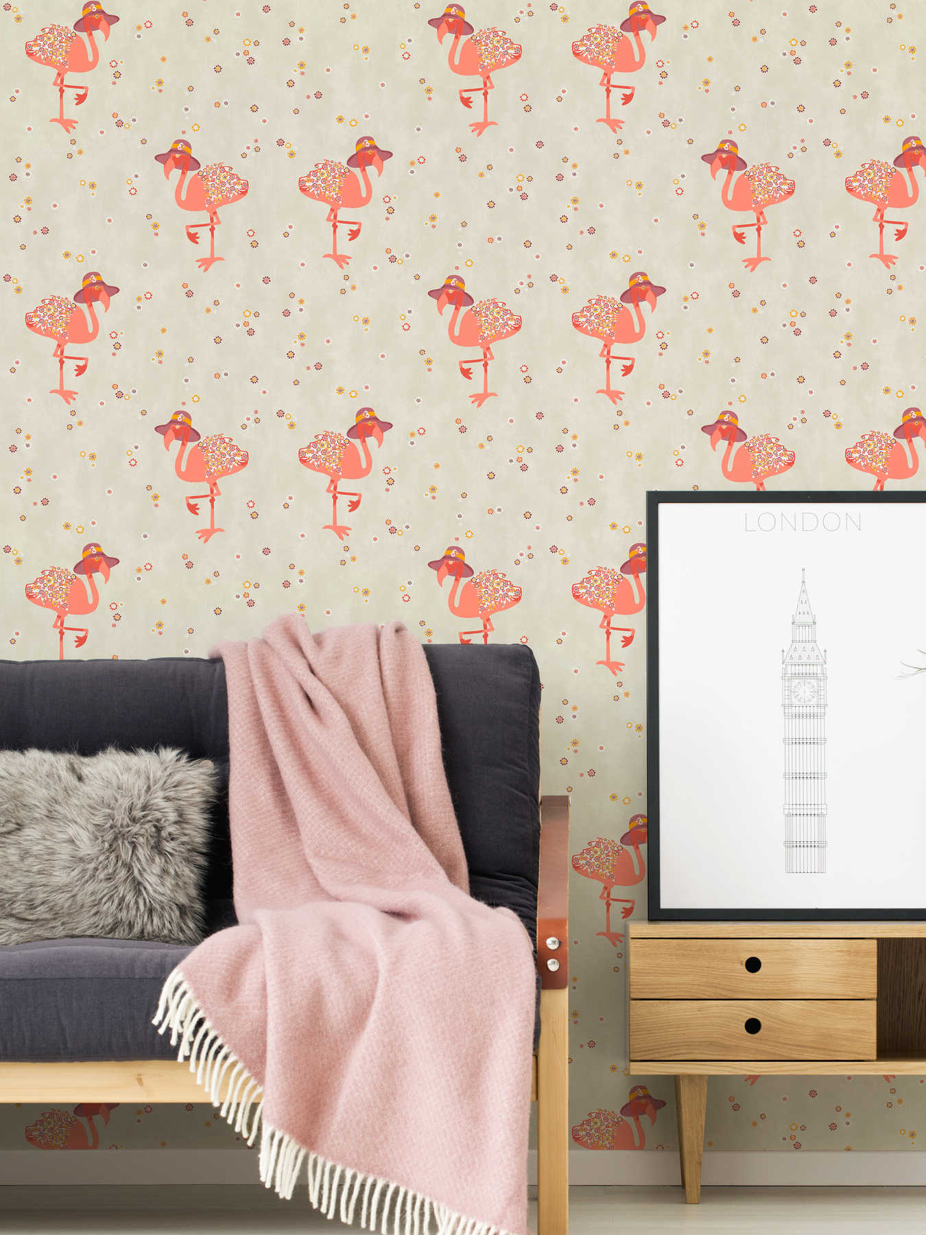             Flamingo non-woven wallpaper with flowers pattern for children - Beige, Orange
        