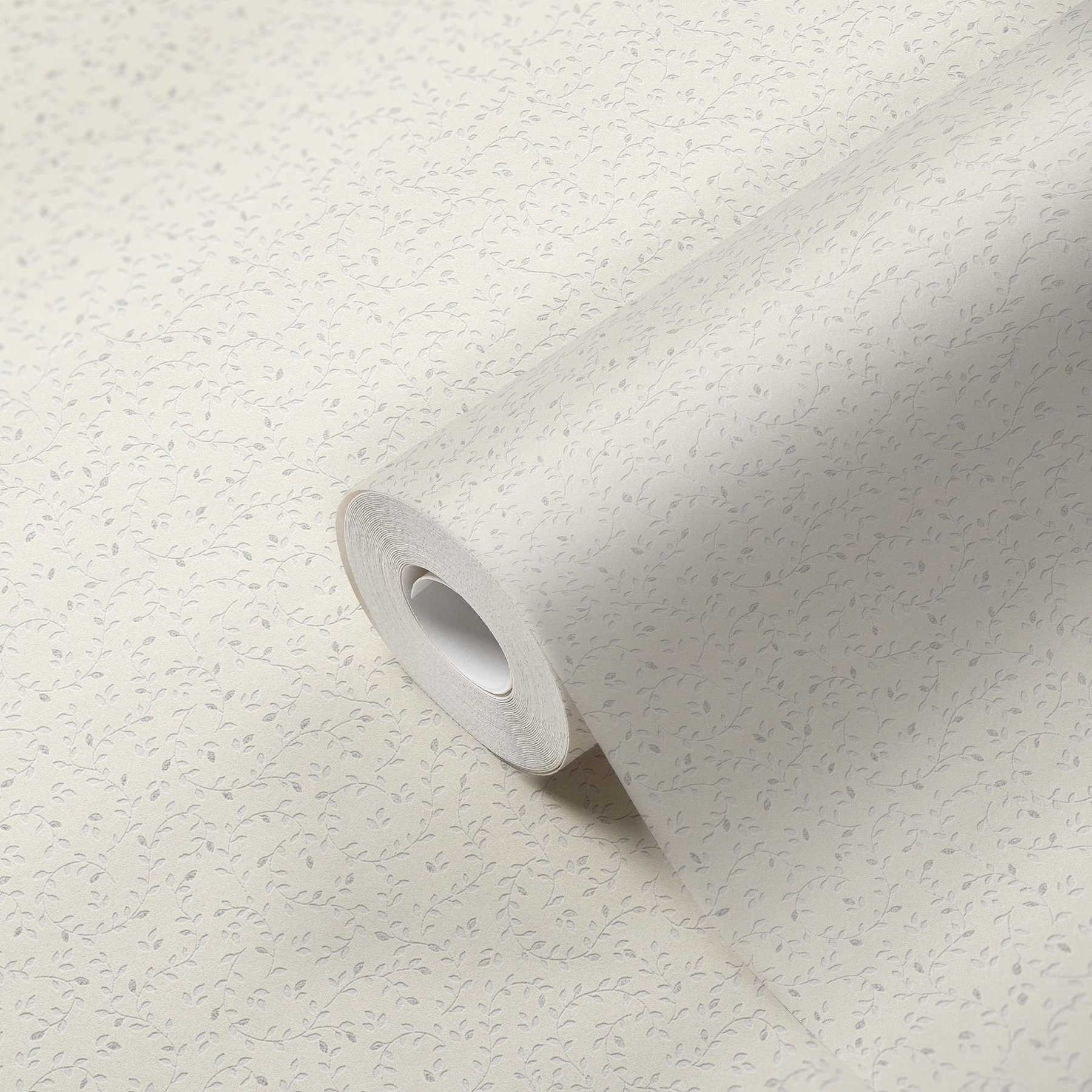             papel pintado con motivo de hojas de filigrana, texturizado - metálico, blanco
        