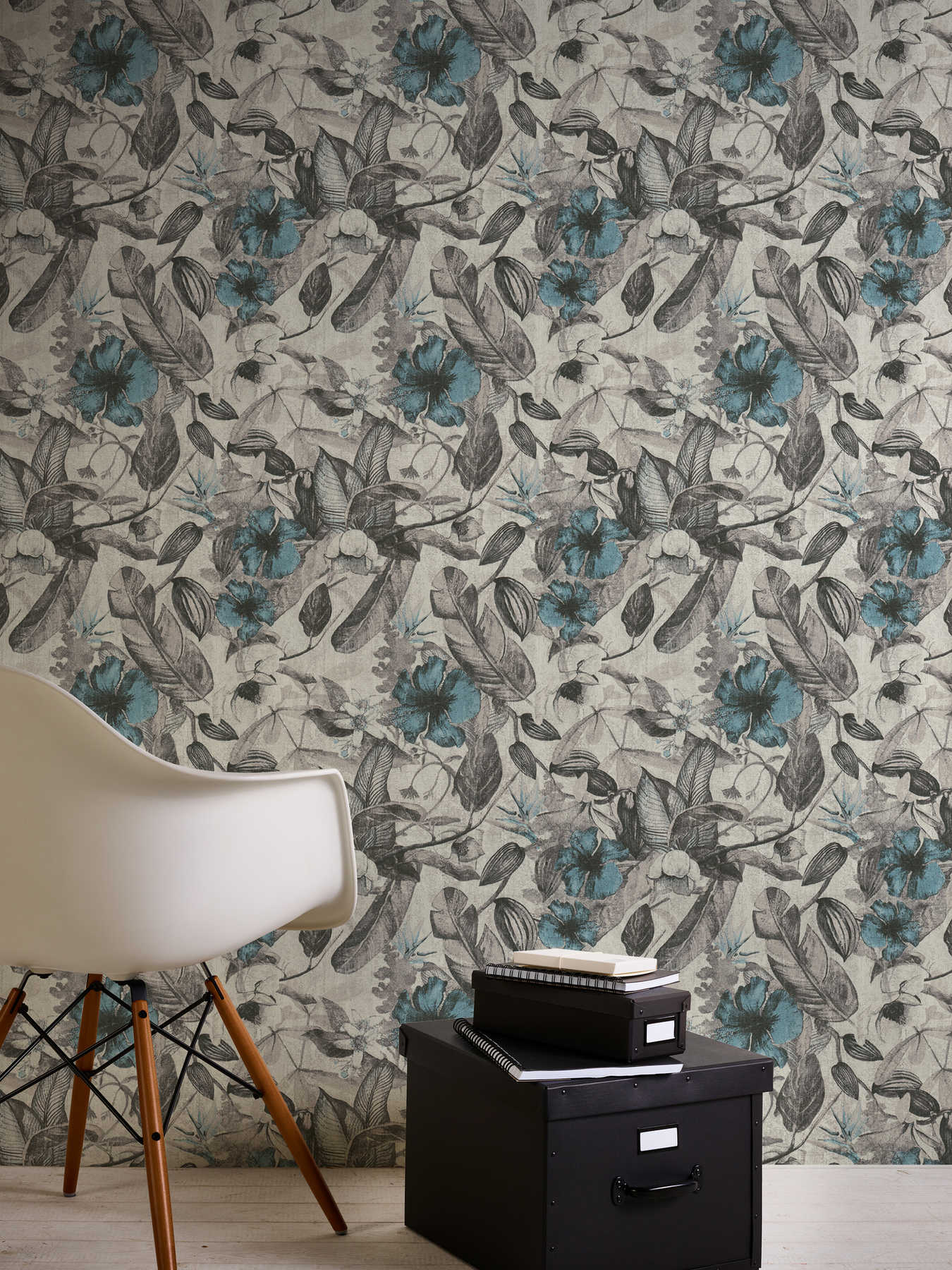             Wallpaper tropical floral pattern in textile look - blue, grey, black
        