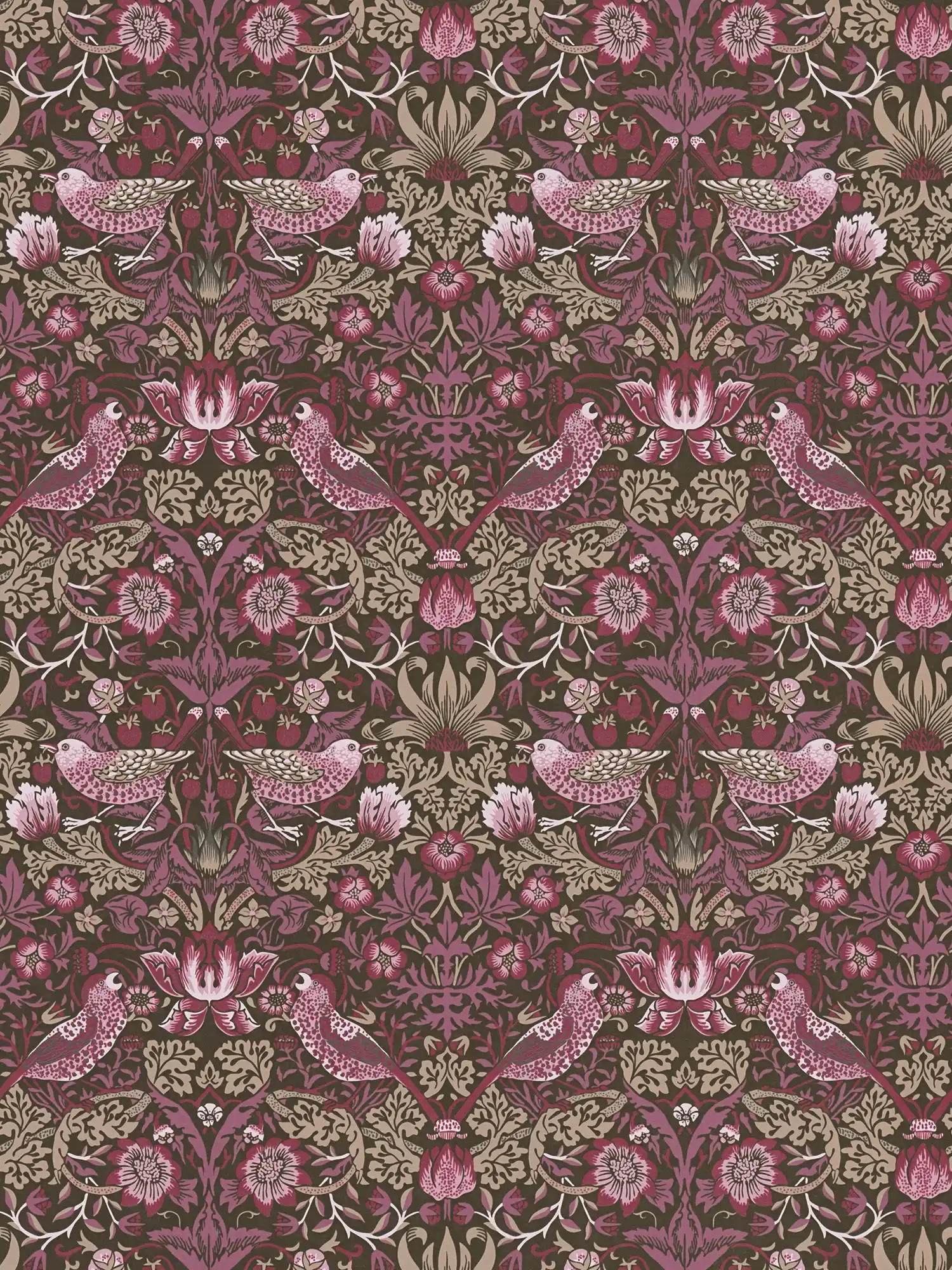 Non-woven wallpaper floral pattern with birds & berries - purple , beige, black
