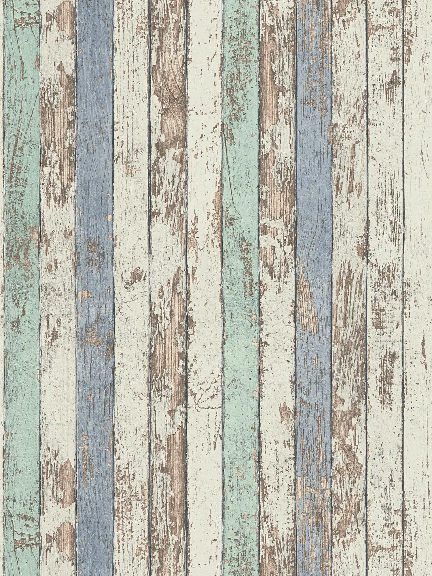         Wooden wallpaper with colourful board motif in shabby chic style - white, brown, blue
    