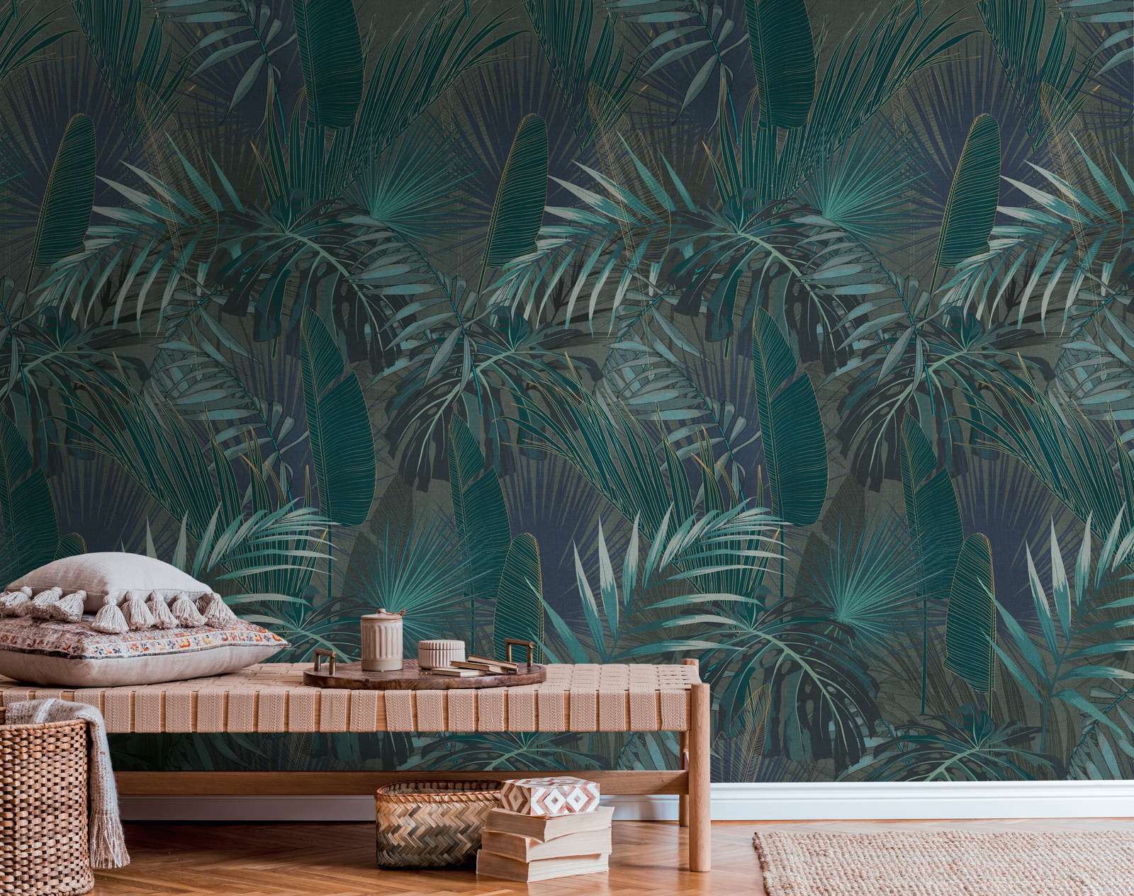             Wallpaper with jungle leaves motif - petrol, blue, green
        
