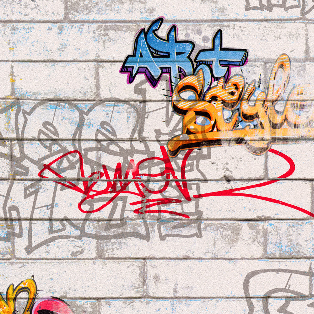             Carta da parati Graffiti con ottica murale per la camera dei ragazzi - Colorata, bianca
        