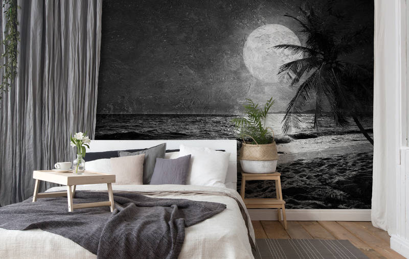             Sea & beach mural with palm trees & moon - white, grey, black
        