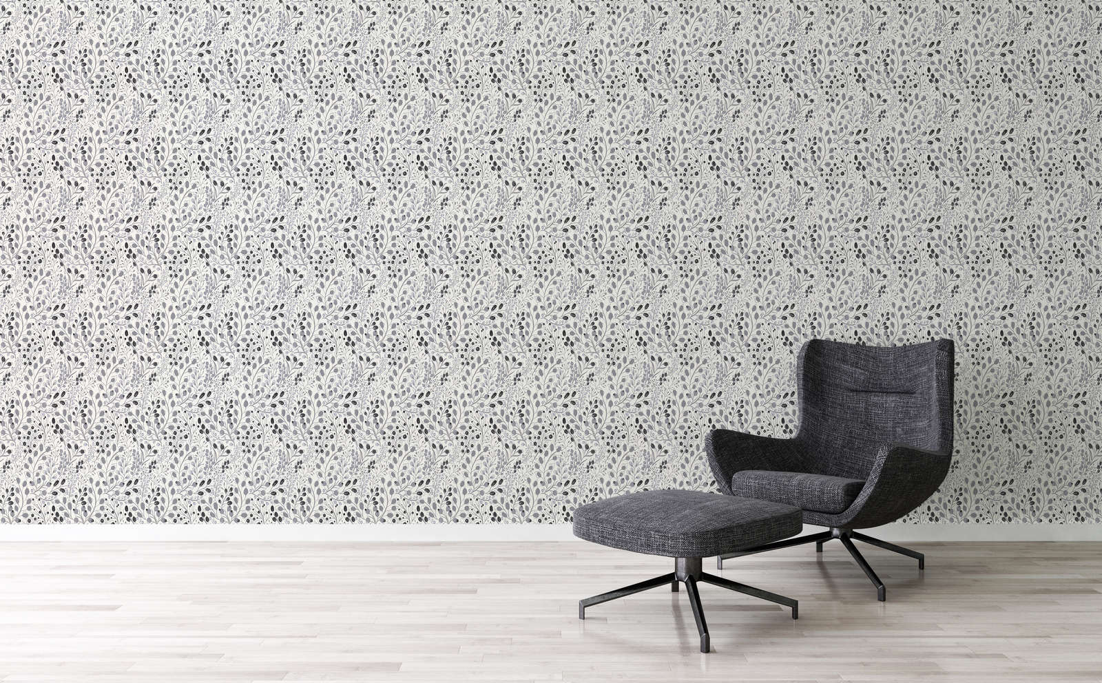             Abstract floral wallpaper in drawing style matt - grey, white, black
        