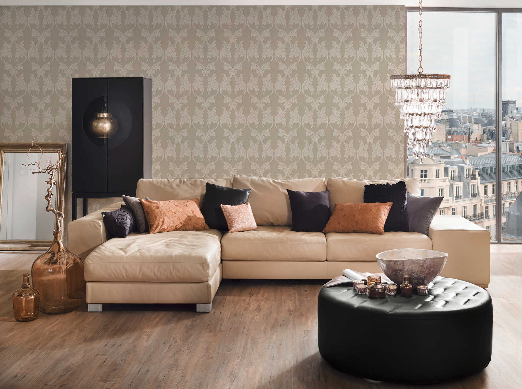             Premium textile wallpaper with ornament vines - beige, cream
        