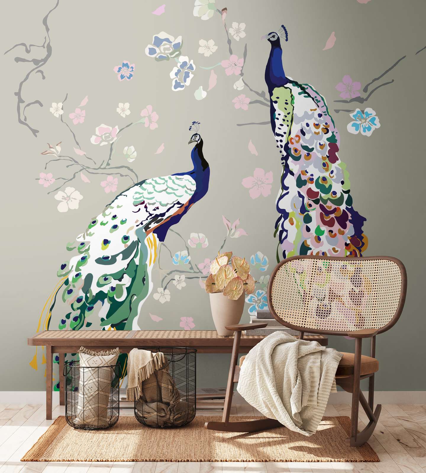             Non-woven wallpaper with peacock and floral pattern - grey, colourful, blue, green, pink, beige
        