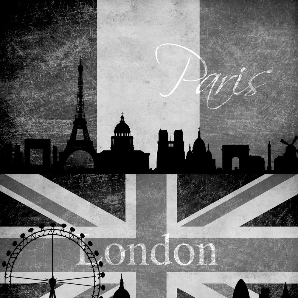             Pannello di carta da parati Londra, New York e Parigi in stile retrò - nero, bianco
        