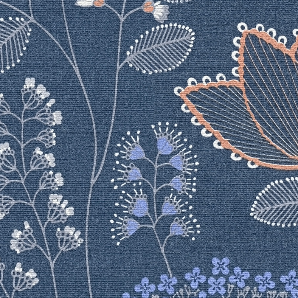            Vliesbehang bloem met bladeren in retro-look licht gestructureerd, mat - blauw, wit, grijs
        