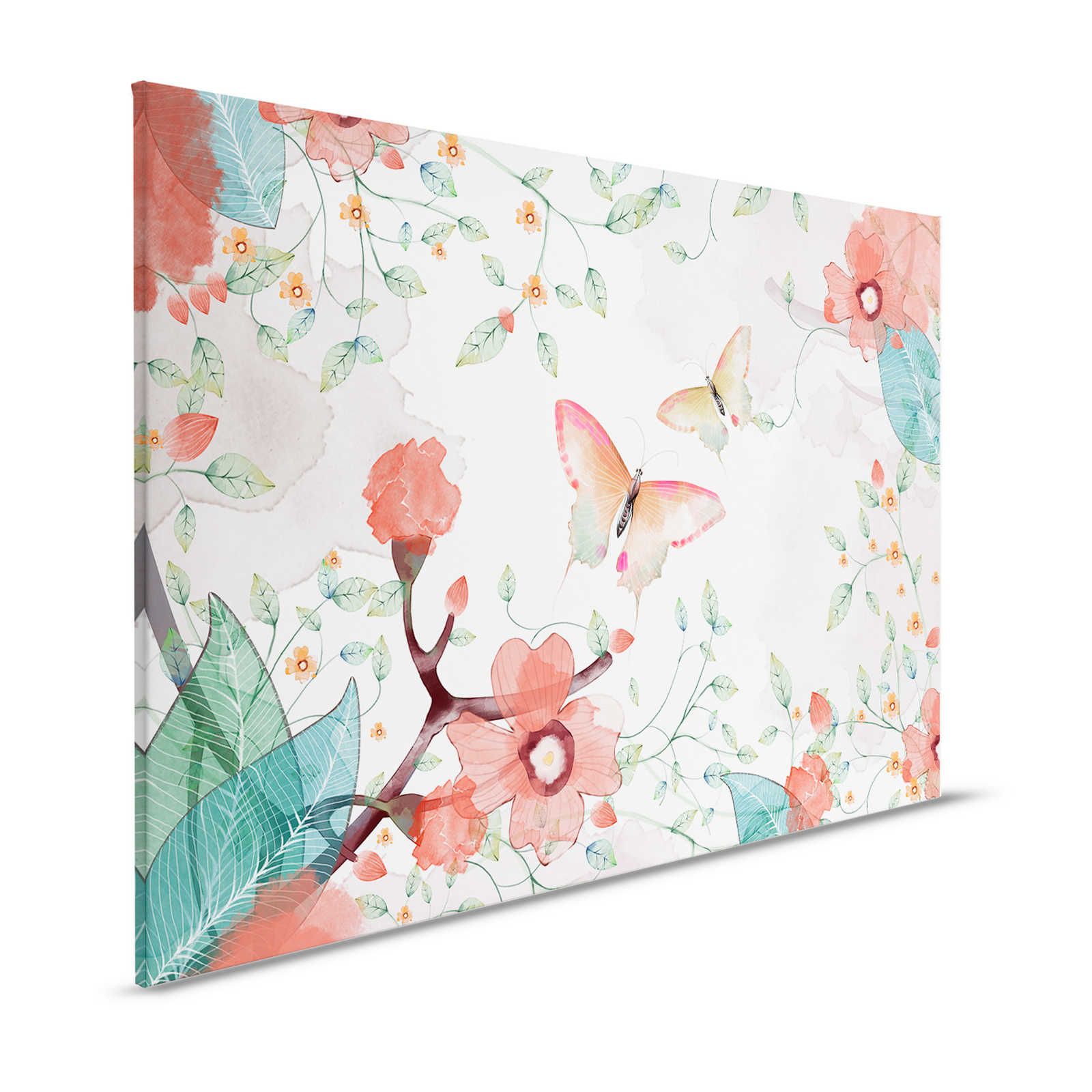 Canvas bloemen met bladeren en vlinders - 120 cm x 80 cm
