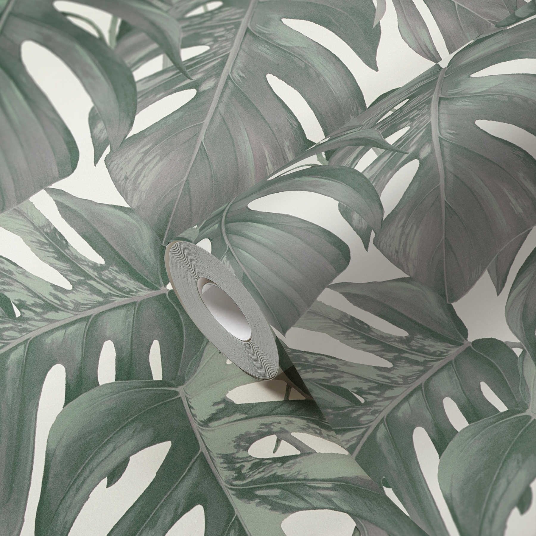             Leaves wallpaper tropical monstera pattern - green, white
        