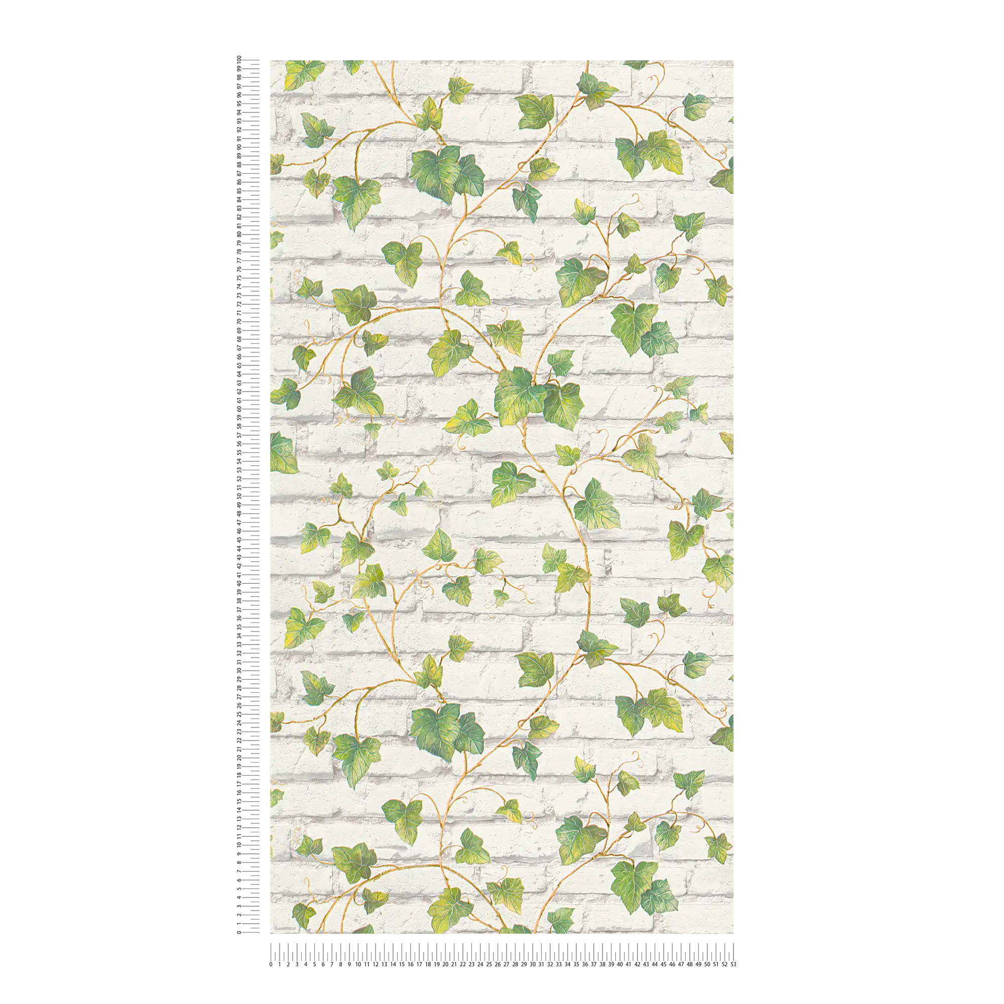             Motif wallpaper with white brick wall and ivy vines - green, white, brown
        