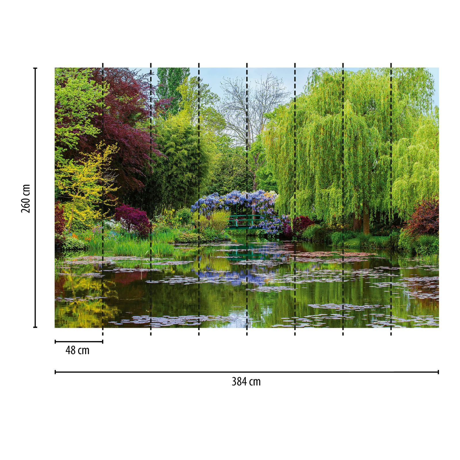             Papier peint panoramique Nature Jardin avec lac - vert, rouge, bleu
        