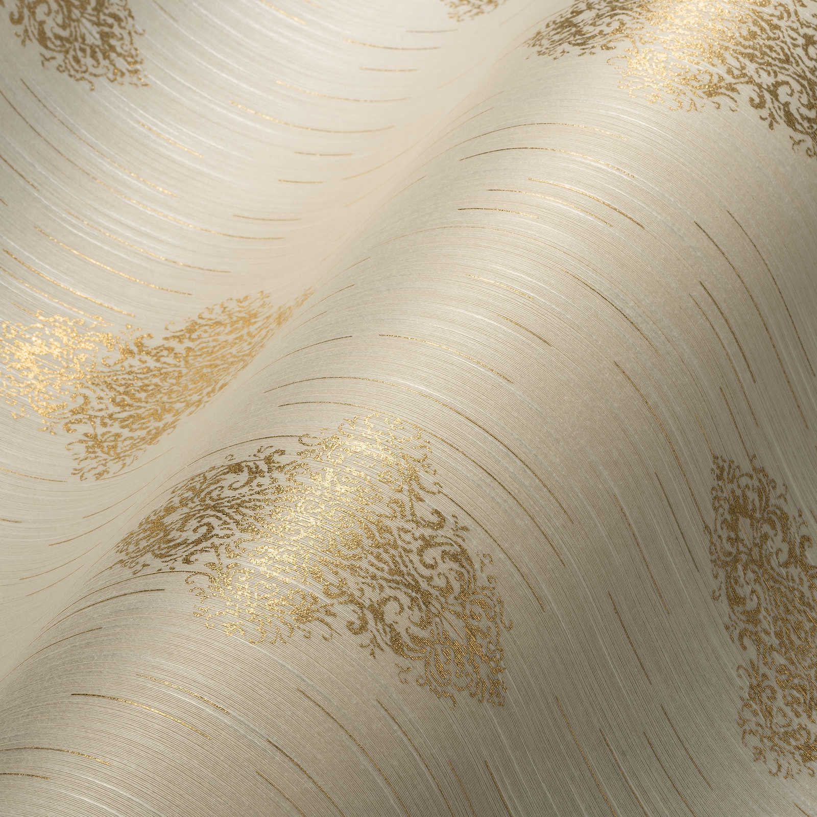             papel pintado de diseño en aspecto usado, efecto metálico - crema, oro
        