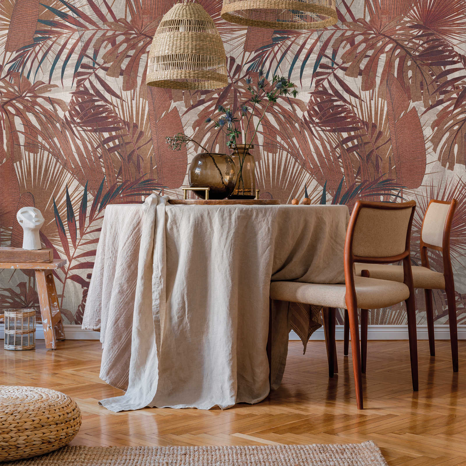 Non-woven wallpaper with jungle leaves motif - reddish brown, beige
