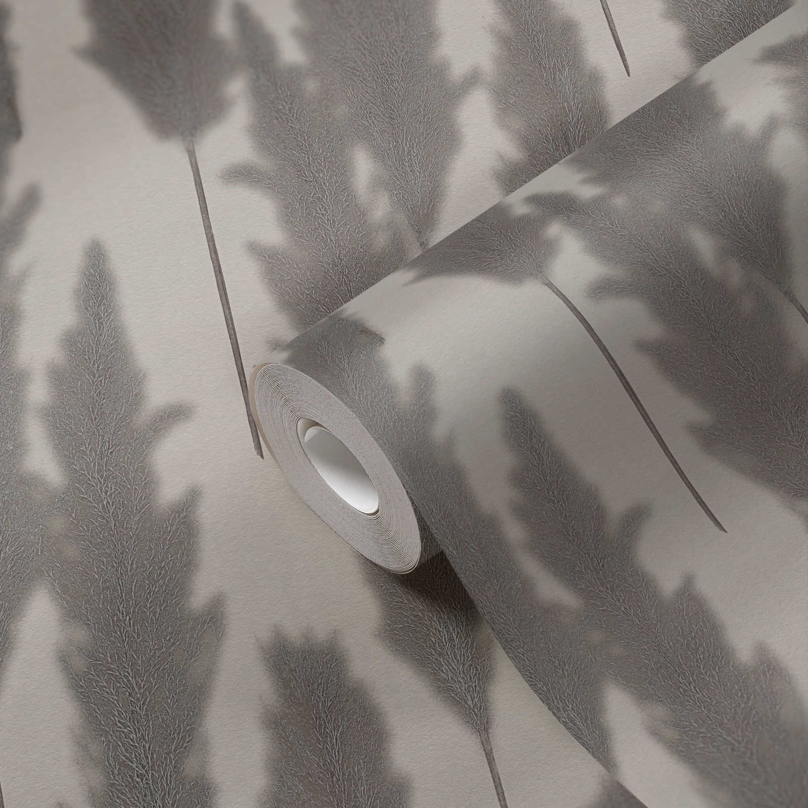             Natuur design behang pampas gras patroon - grijs, wit
        