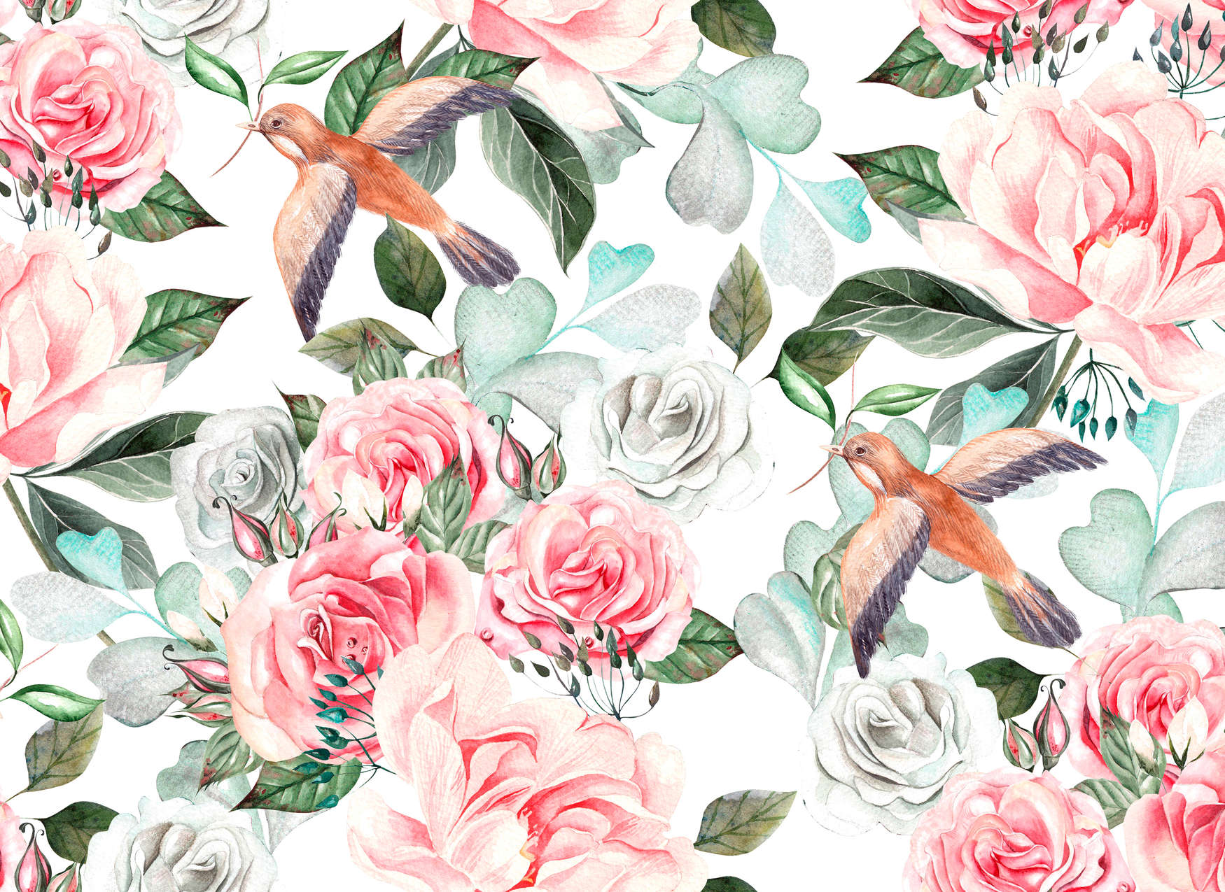             Papier peint panoramique vintage avec des fleurs et des oiseaux - multicolore, rose, vert
        