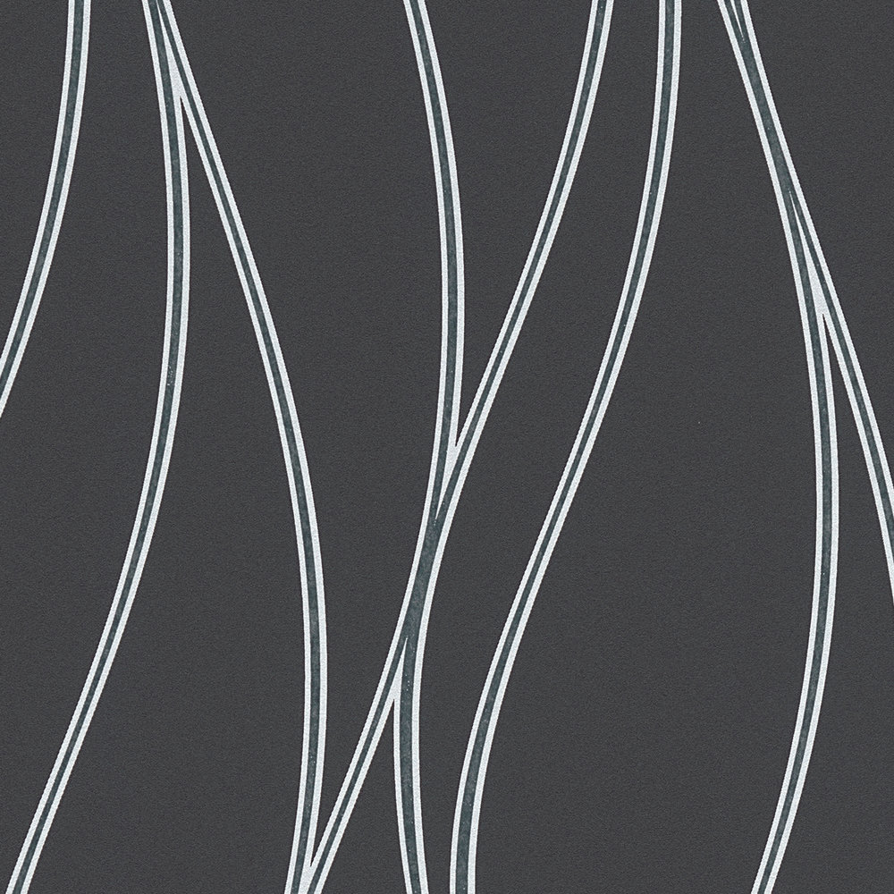             Carta da parati a linee ondulate verticali, effetto metallico - nero, argento, grigio
        