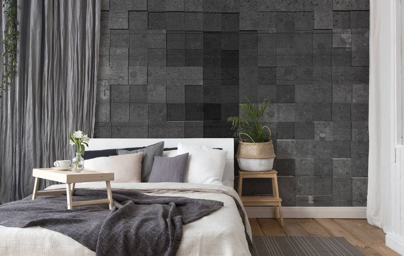             Mural de pared gris oscuro con aspecto de hormigón y efecto 3D - Gris, Negro
        