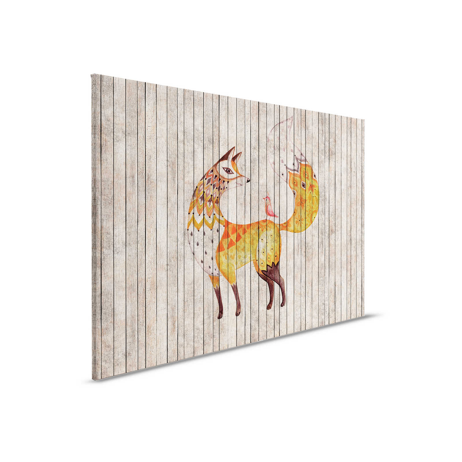 Cuento de hadas 2 - Zorro y pájaro sobre lienzo con aspecto de madera - 0,90 m x 0,60 m
