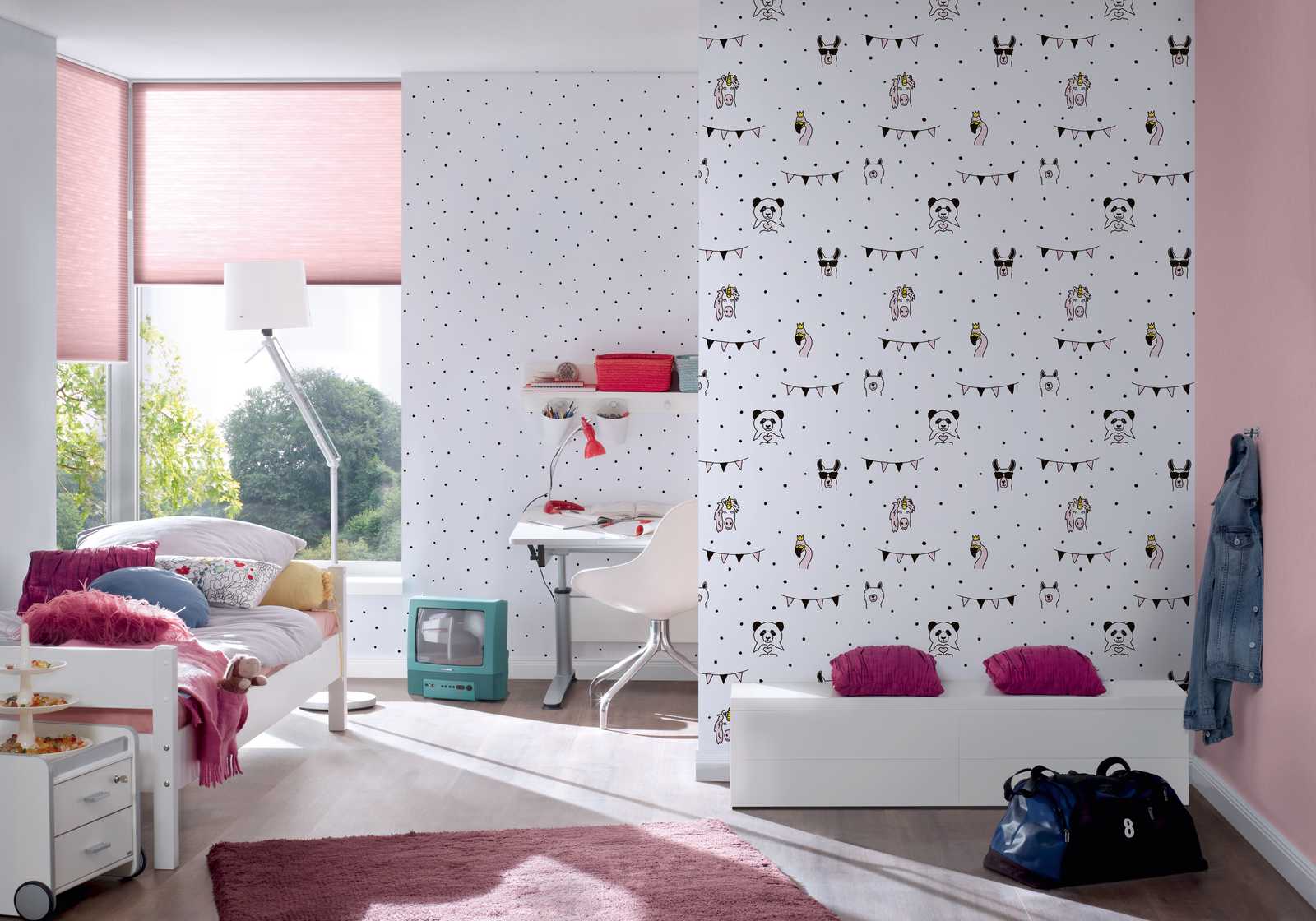             Children wallpaper with animal & dot pattern - pink, black, white
        