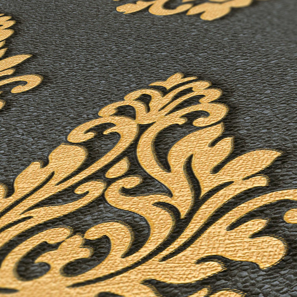             Ornamental wallpaper with metallic colours & texture effect - gold, black
        