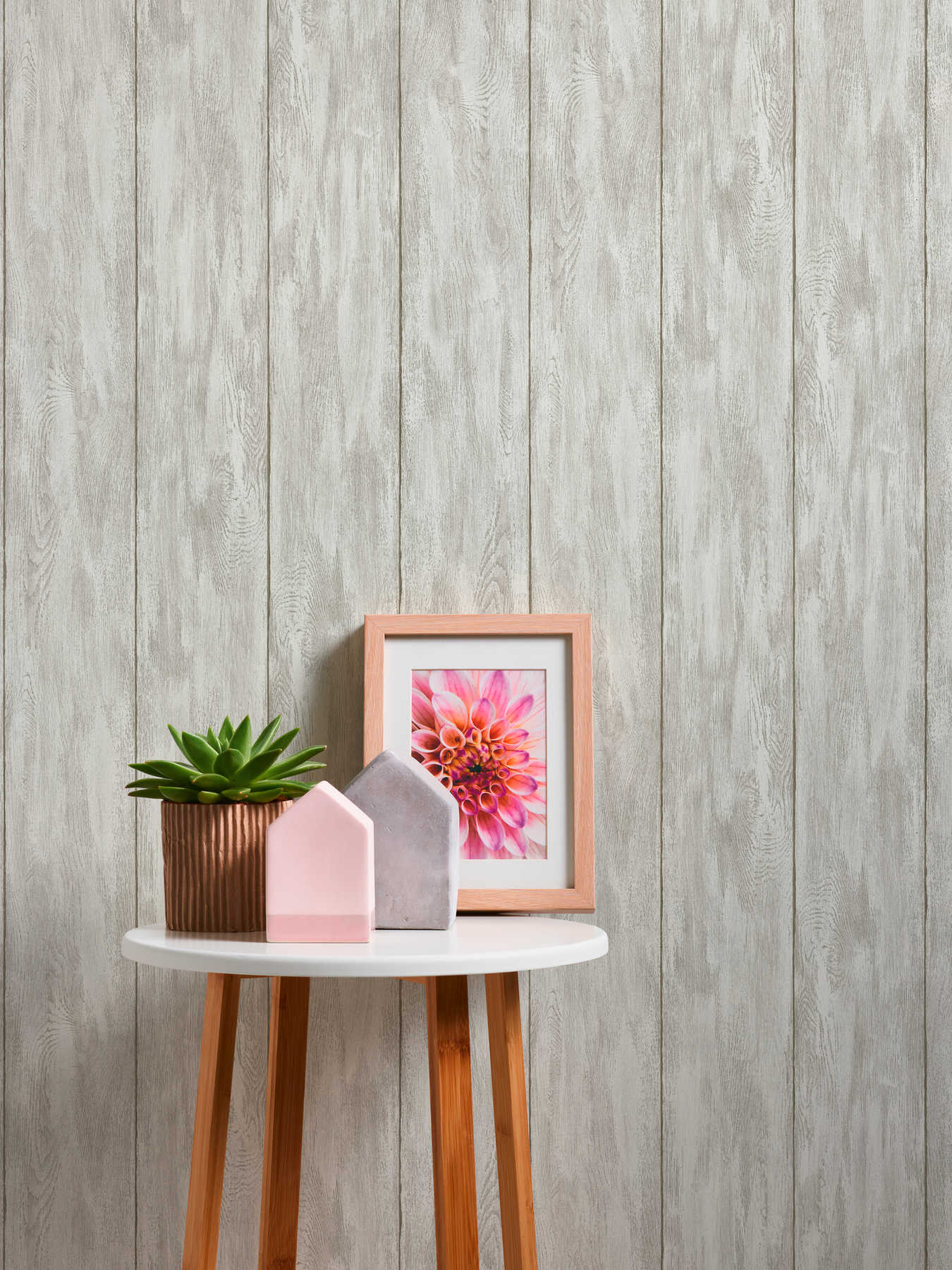             Papel pintado con aspecto de madera para una sensación de casa de campo acogedora: beige, crema, gris
        