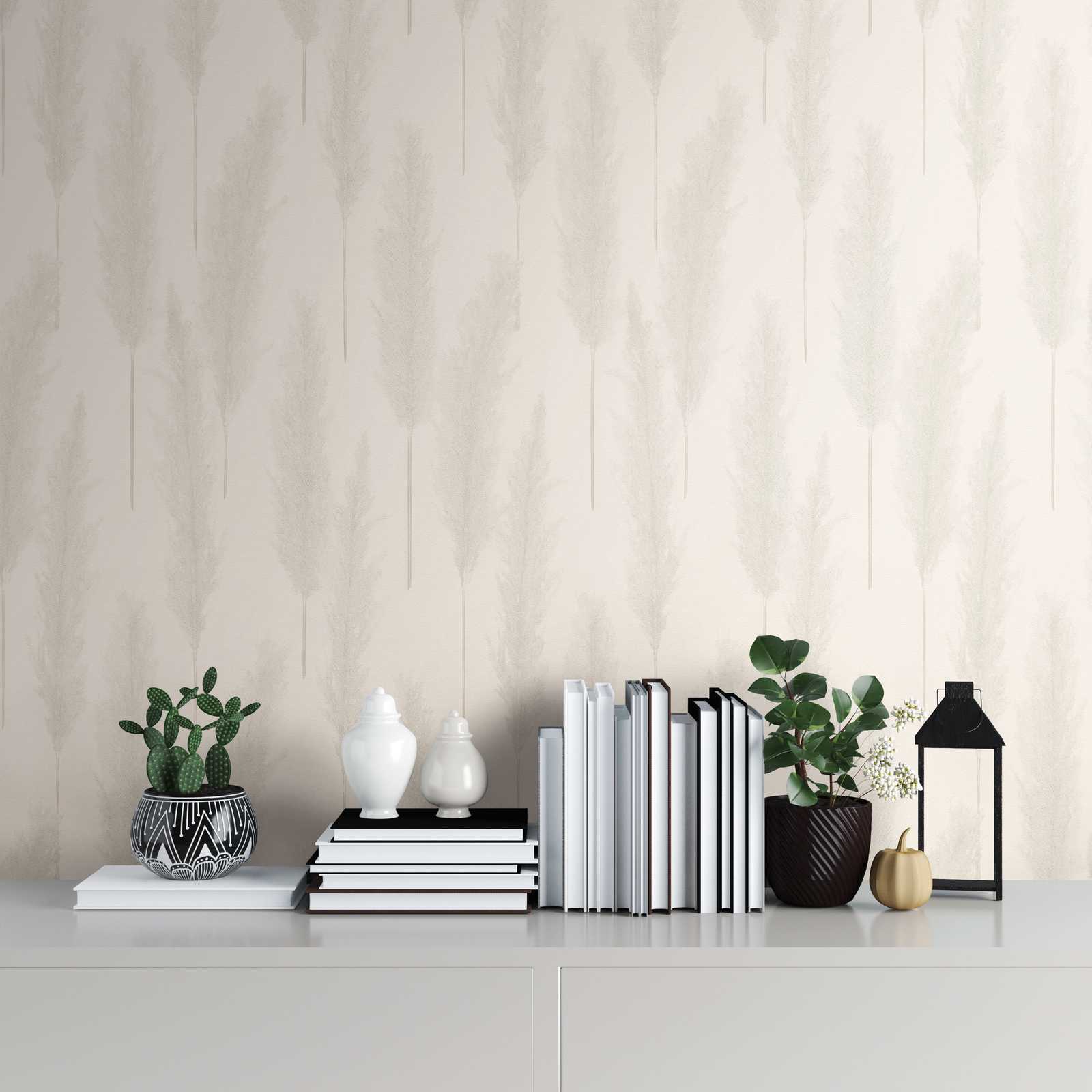             Wallpaper with pampas grass pattern - beige, grey, white
        