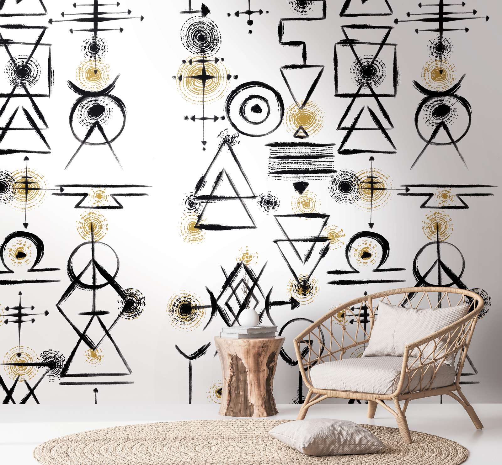             Onderlaag behang met abstracte symbolen op een lichte achtergrond - wit, zwart, goud
        