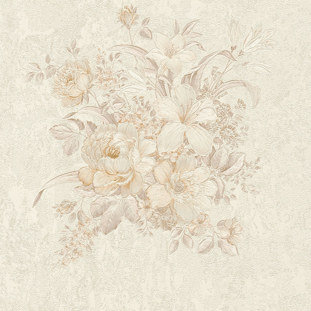             Carta da parati floreale con ornamenti, strutturata - beige, crema
        
