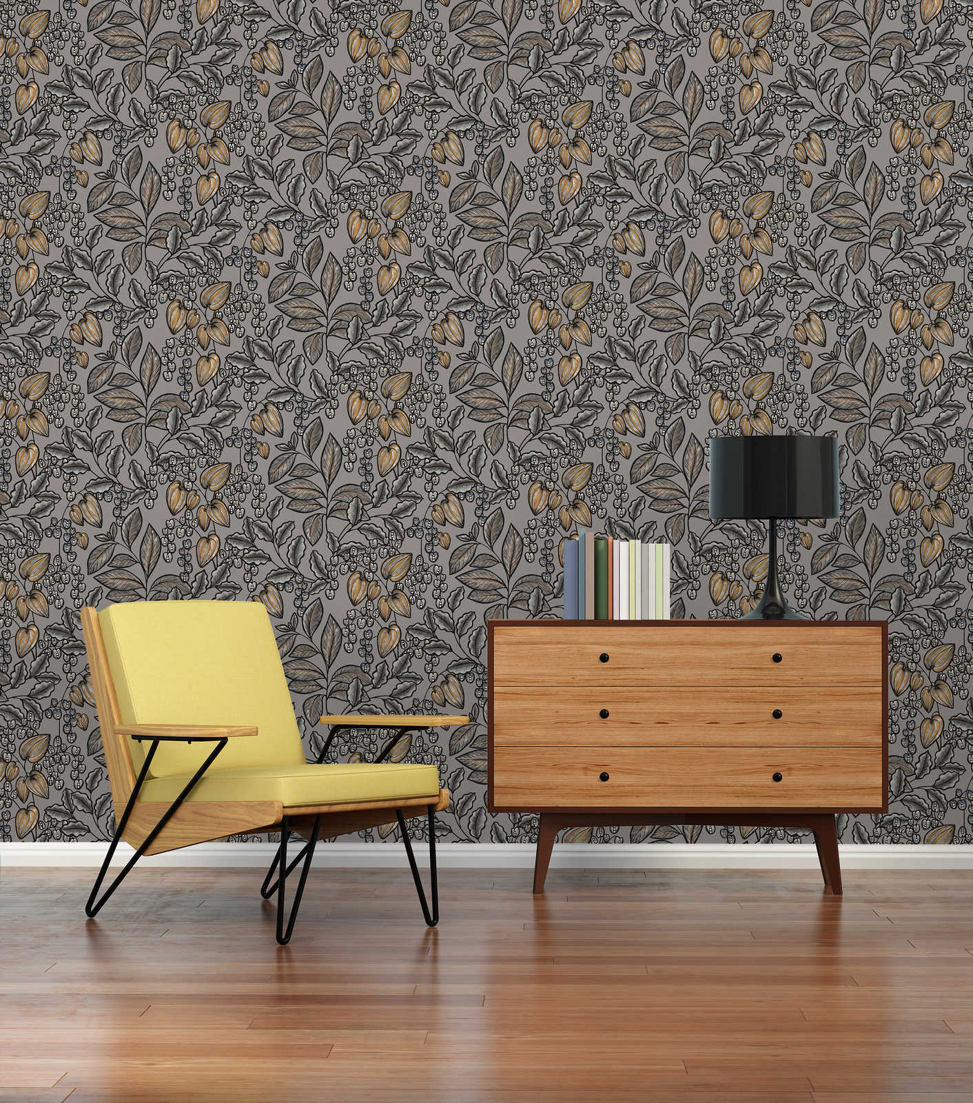             Wallpaper greige leaves design with mustard yellow accents - grey, brown, yellow
        