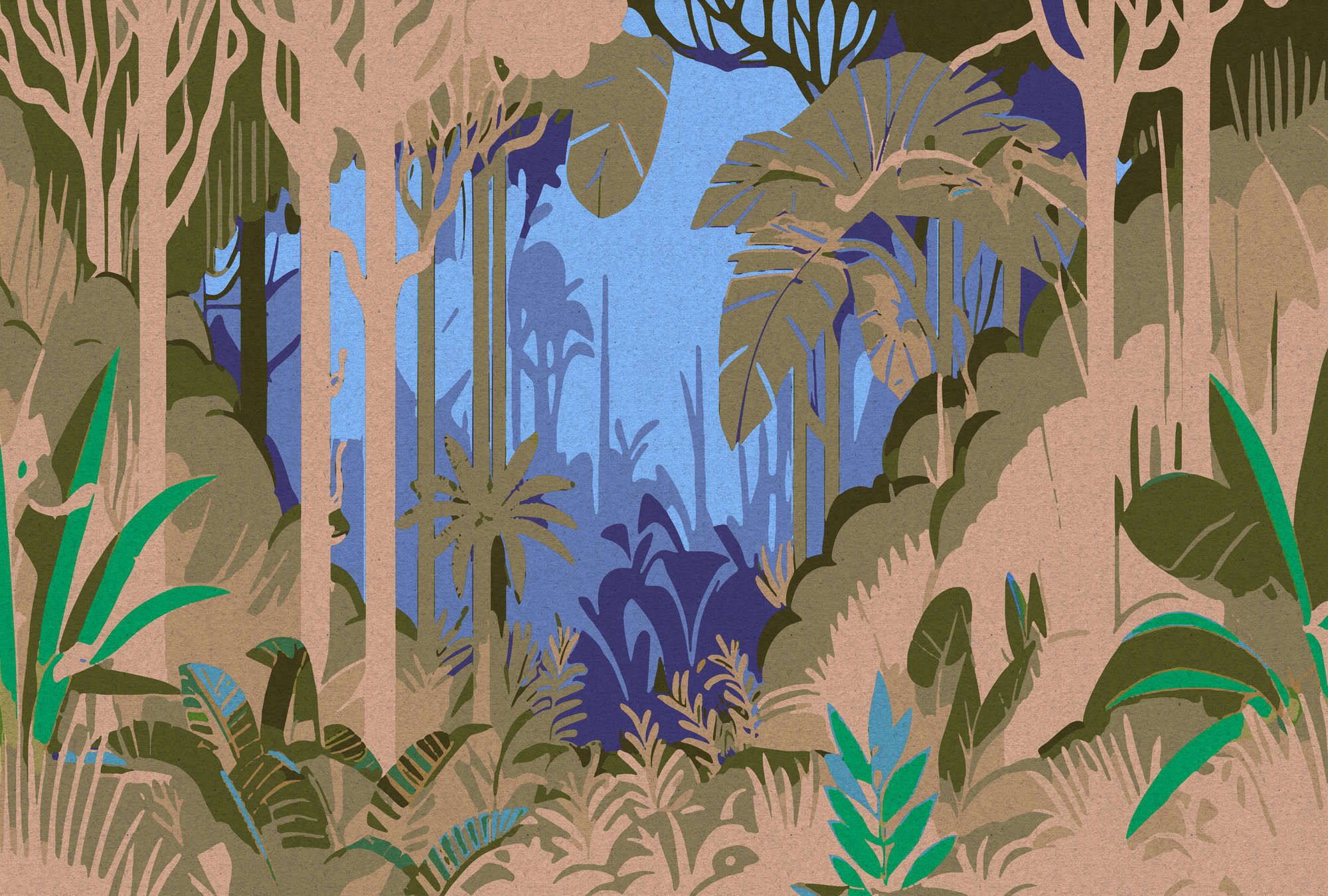             Photo wallpaper »azura« - Abstract jungle motif with kraft paper texture - Smooth, slightly shiny premium non-woven fabric
        