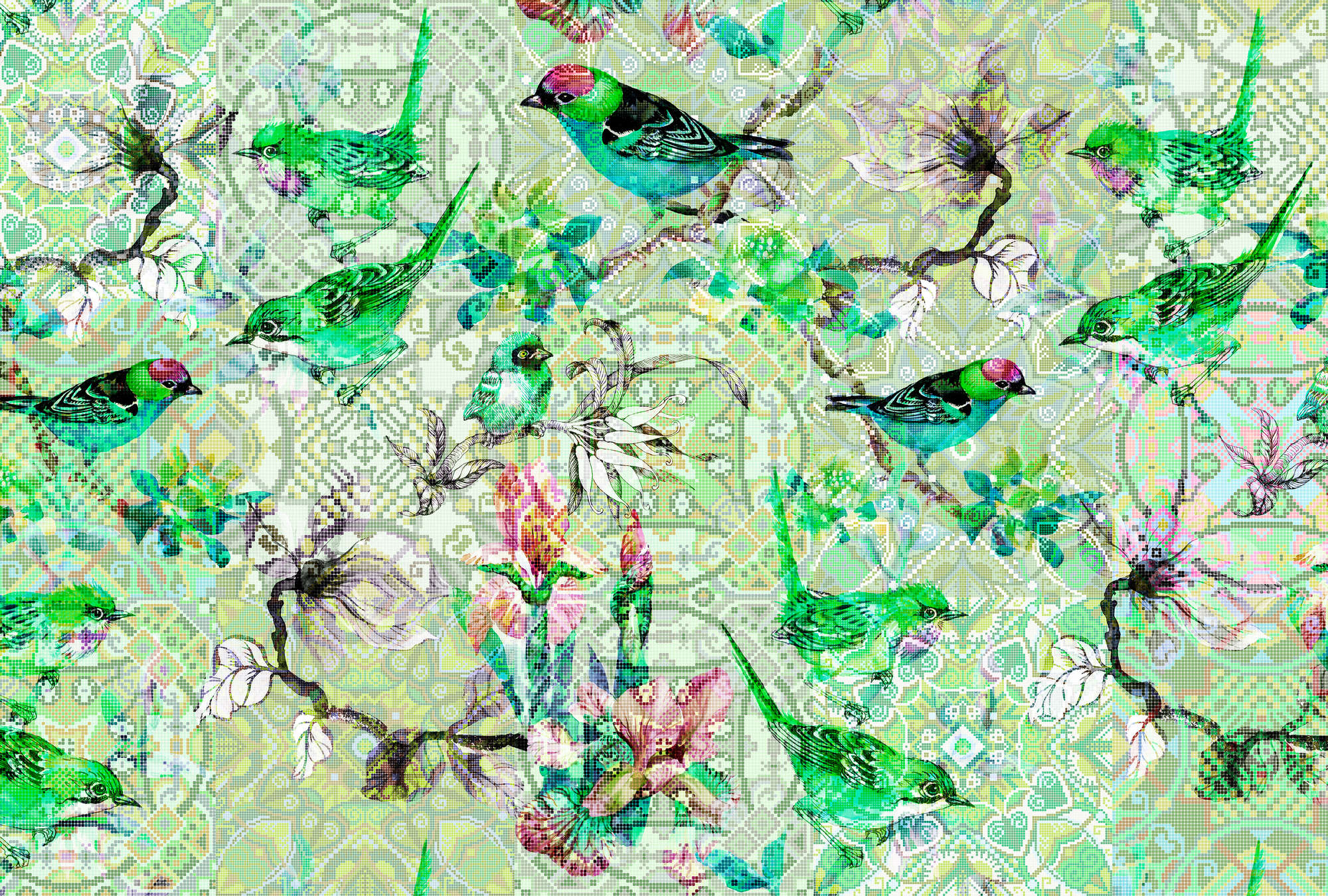             Papel Pintado Pájaro Verde con Diseño de Mosaico - Verde, Rosa
        