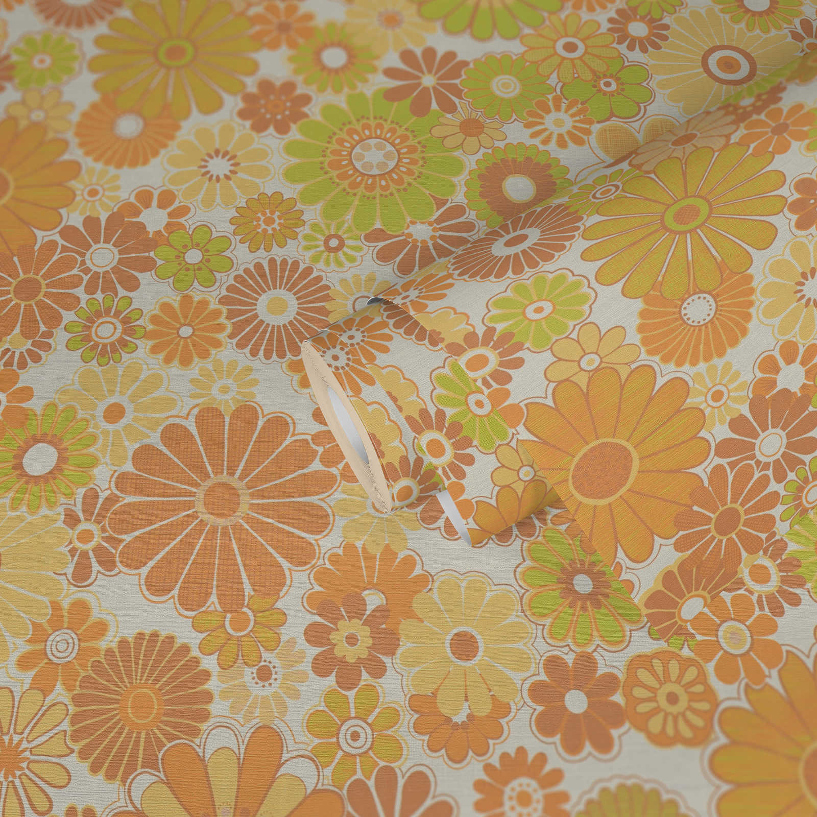             Floral retro wallpaper with light structure - yellow, green, brown
        