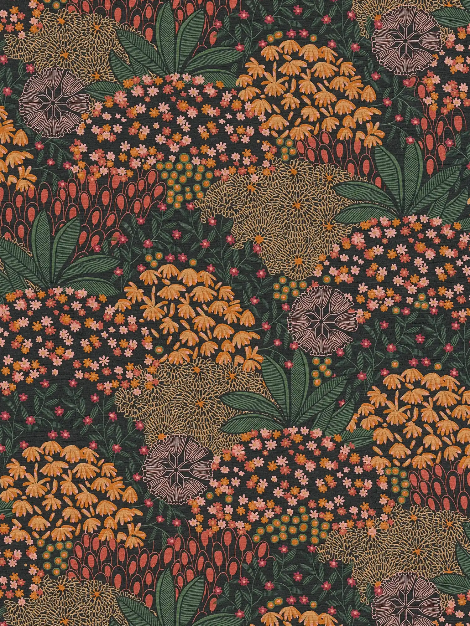 Vintage floral design wallpaper - black, green, orange
